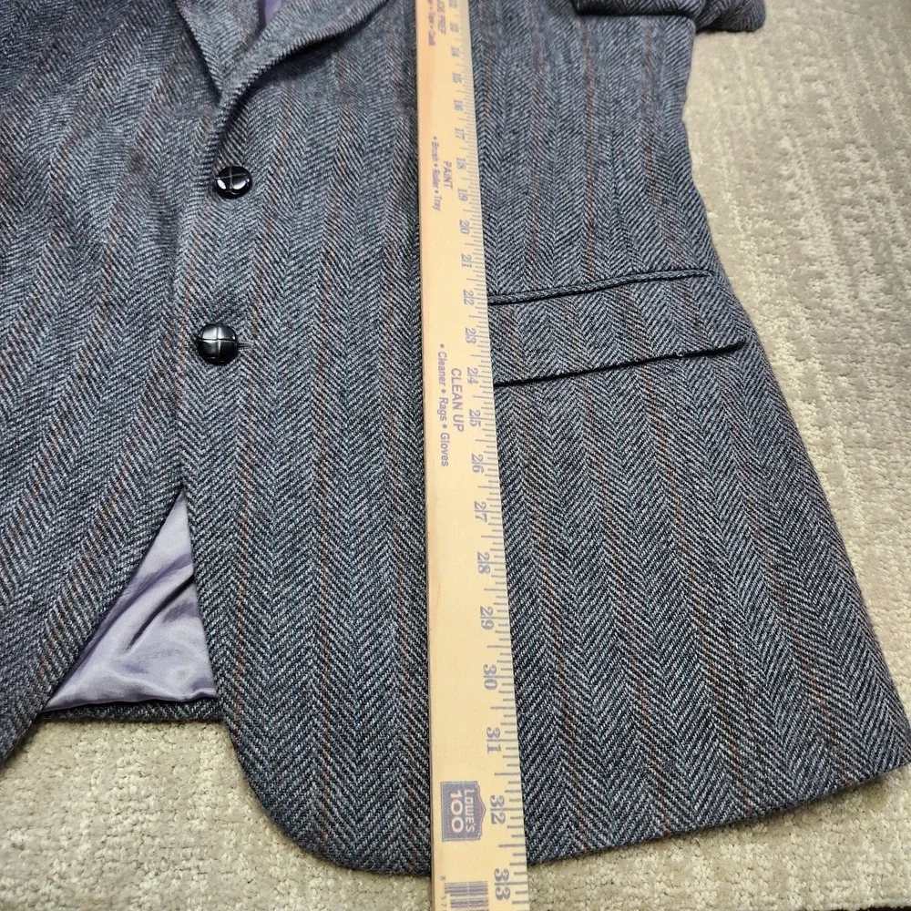 Vintage Herringbone Tweed Blazer Men 44L Leather Button Gray Wool‎ Sport Coat